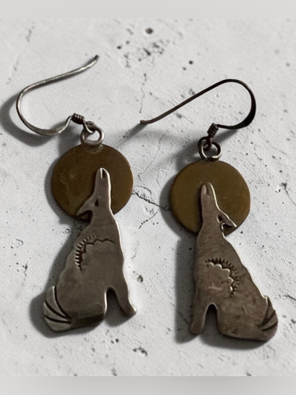 Native American Vintage Sterling Silver Hand Stamped Wolf Howling Moon Earrings